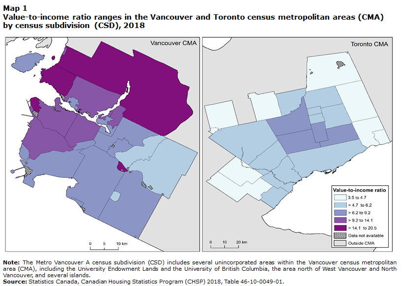 Map 1 Value-to-income ratio ranges in the Vancouver and Toronto census metropolitan areas (CMA) by census subdivision (CSD), 2018.