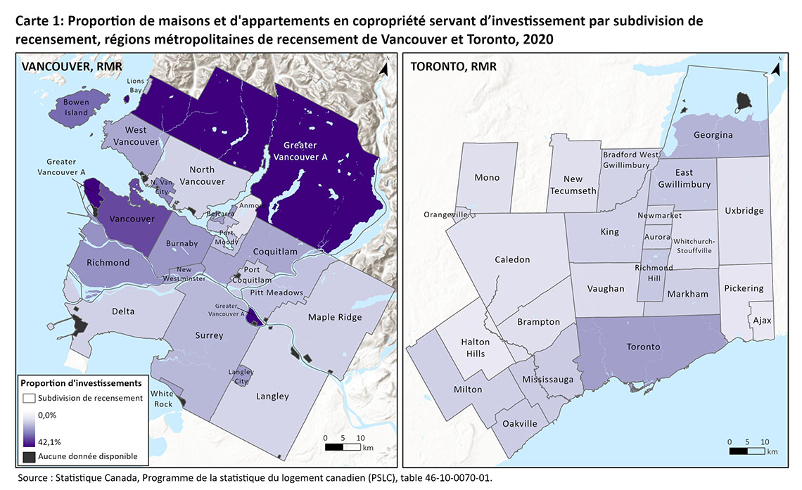 Carte 1 : Proportion de maisons et d’appartements en copropriété servant d’investissement par subdivision de recensement, régions métropolitaines de recensement de Vancouver et Toronto, 2020