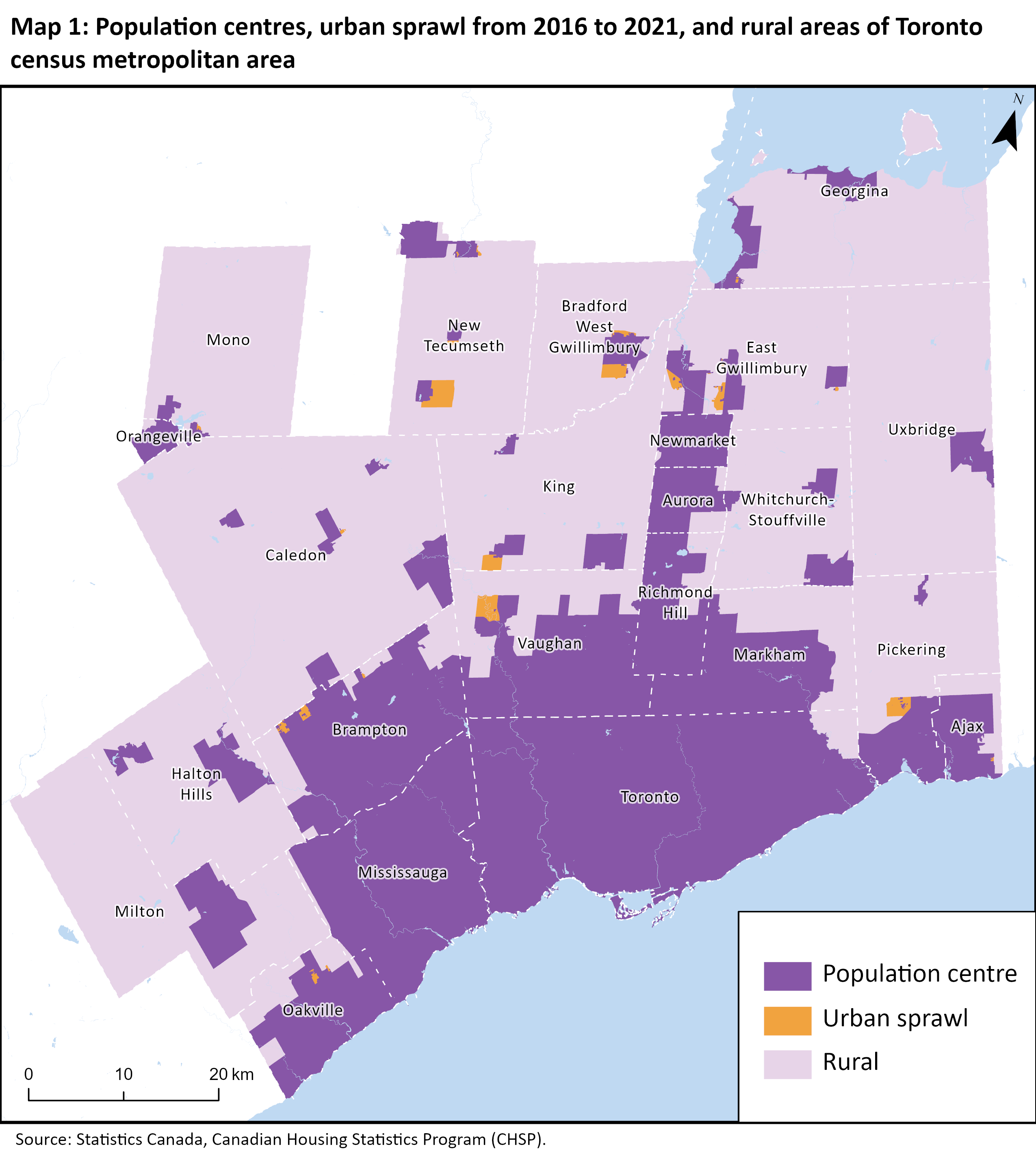 Map 1 Population centres, urban sprawl from 2016 to 2021, and rural areas of Toronto census