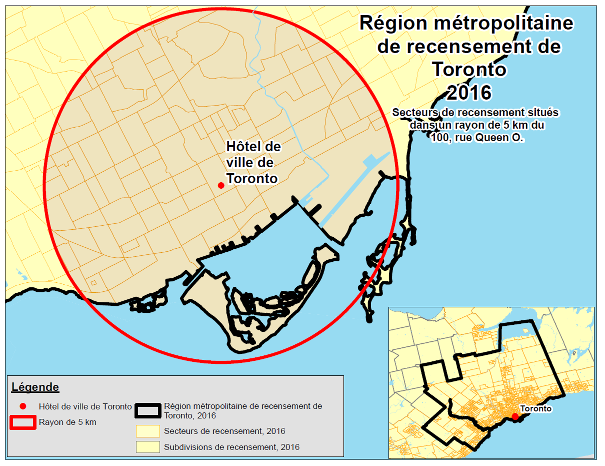 Région métropolitanine de recensement de Toronto 2016 - Secteurs de recensement situés dans un rayon de 5km du 100, rue Queen O. Carte