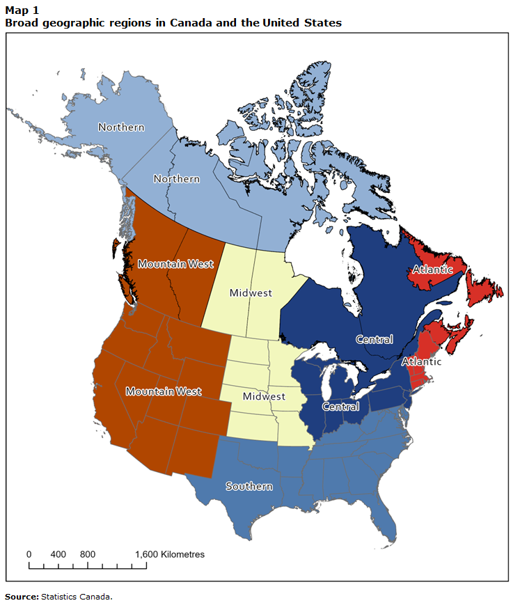 Map 1 Broad geographic regions in Canada and the United States