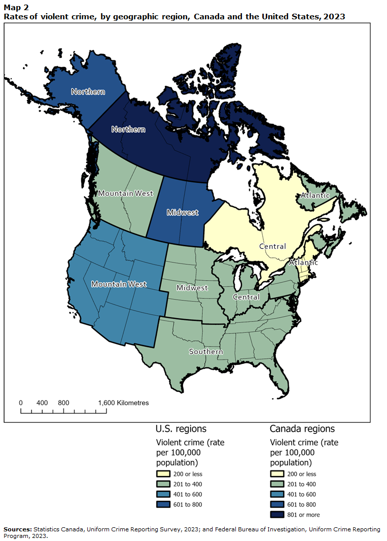Map 2 Rates of violent crime, by geographic region, Canada and the United States, 2023
