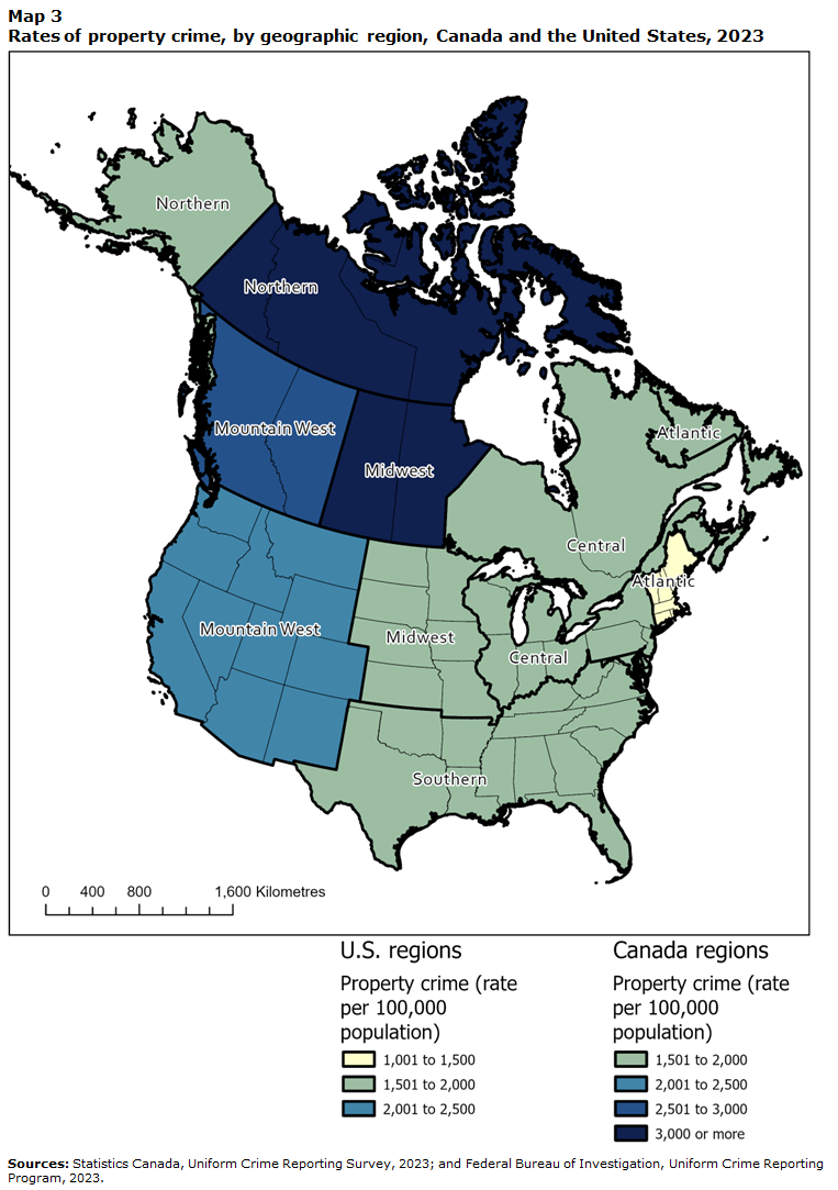 Map 3 Rates of property crime, by geographic region, Canada and the United States, 2023