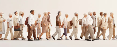 header image: Older adults wearing work attire and carrying briefcases and backpacks walking in a line