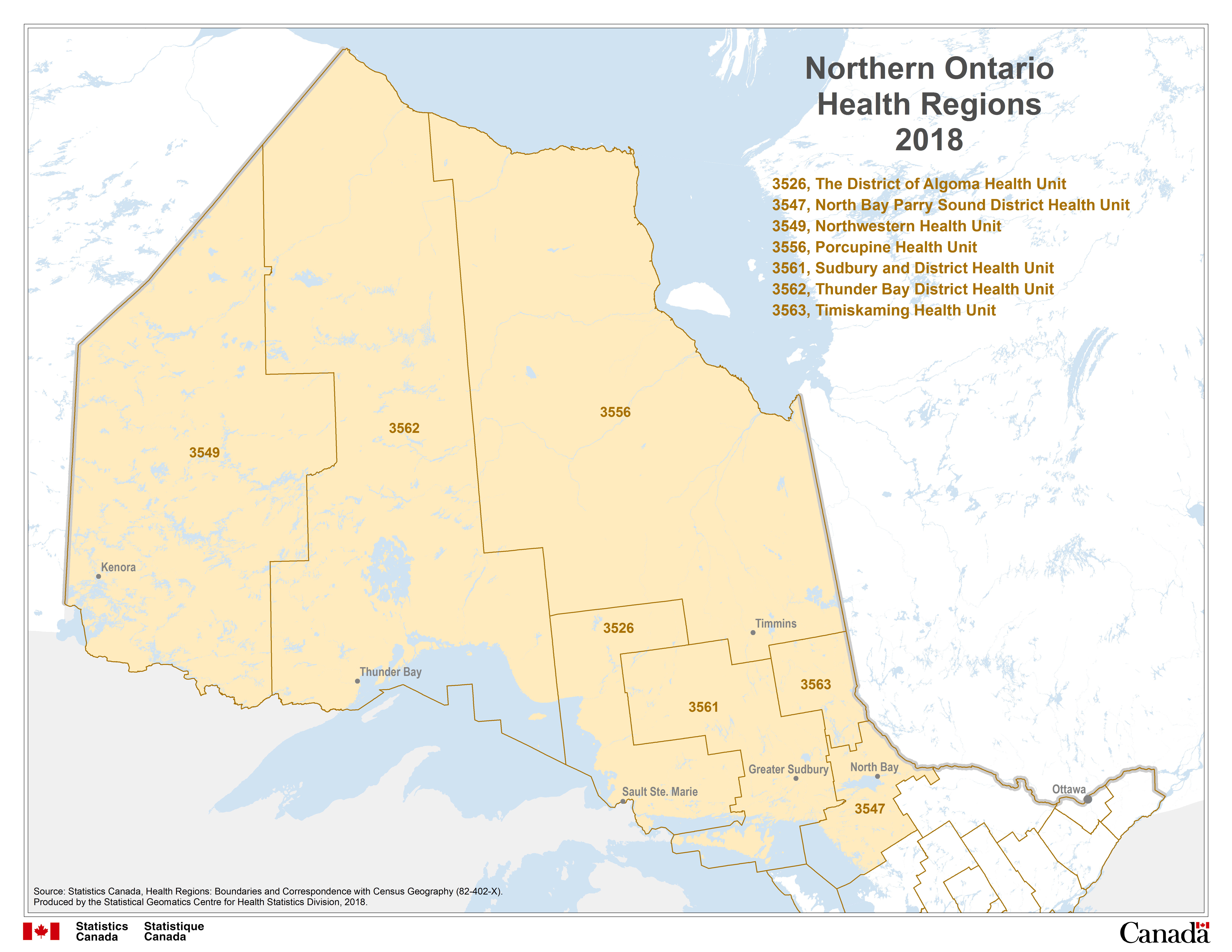 Map 6 Ontario, Health Units – Northern Ontario Health Regions, 2018