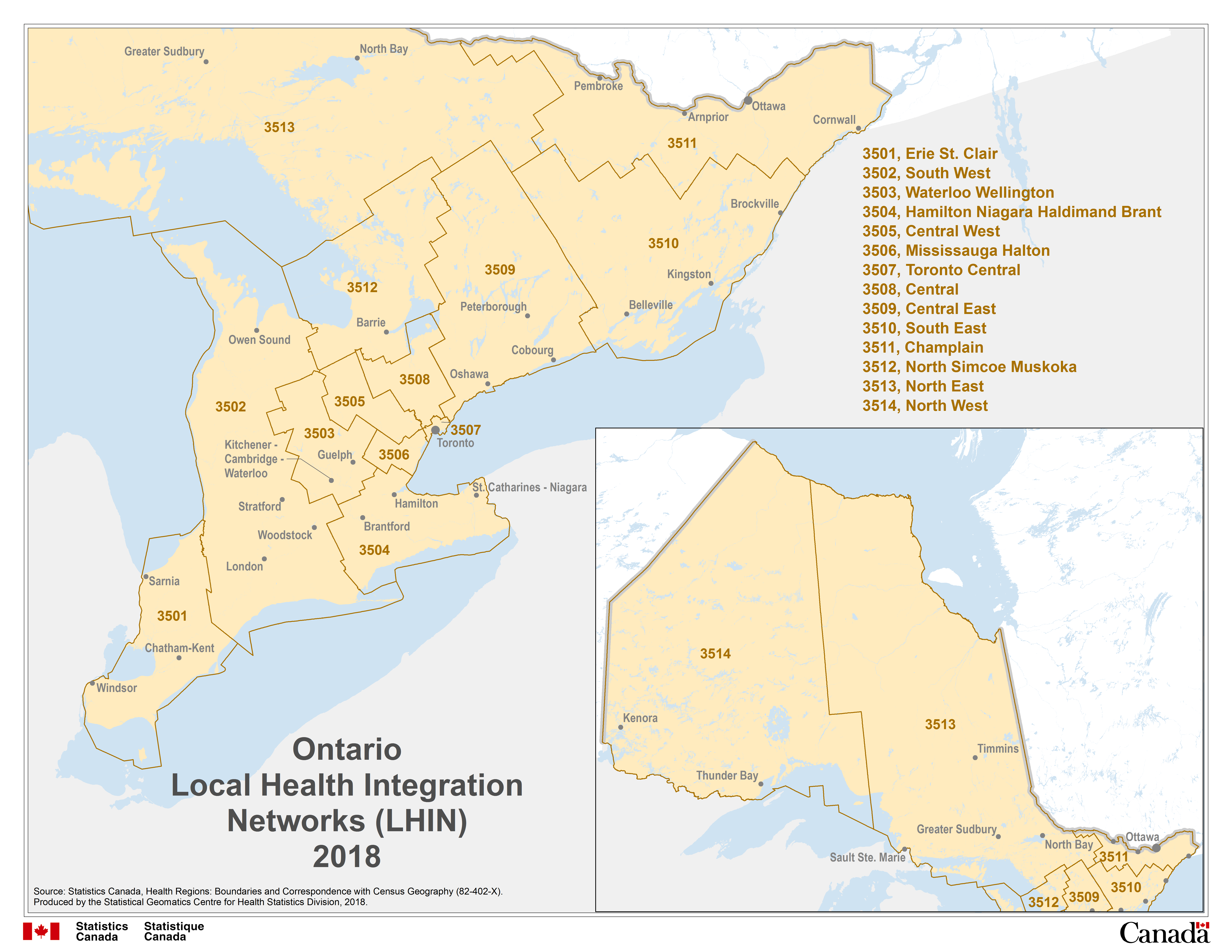 Map 8 Ontario, Local Health Integration Networks (LHIN), 2018