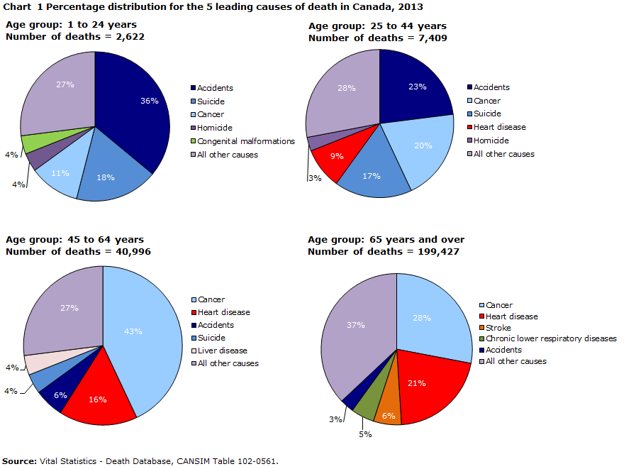 This is an amalgamated chart composed of four pie charts,  with one pie chart for each age group.