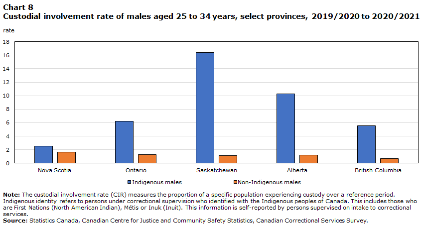Chart 8 Custodial involvement rate of males aged 25 to 34 years, select provinces, 2019/2020 to 2020/2021