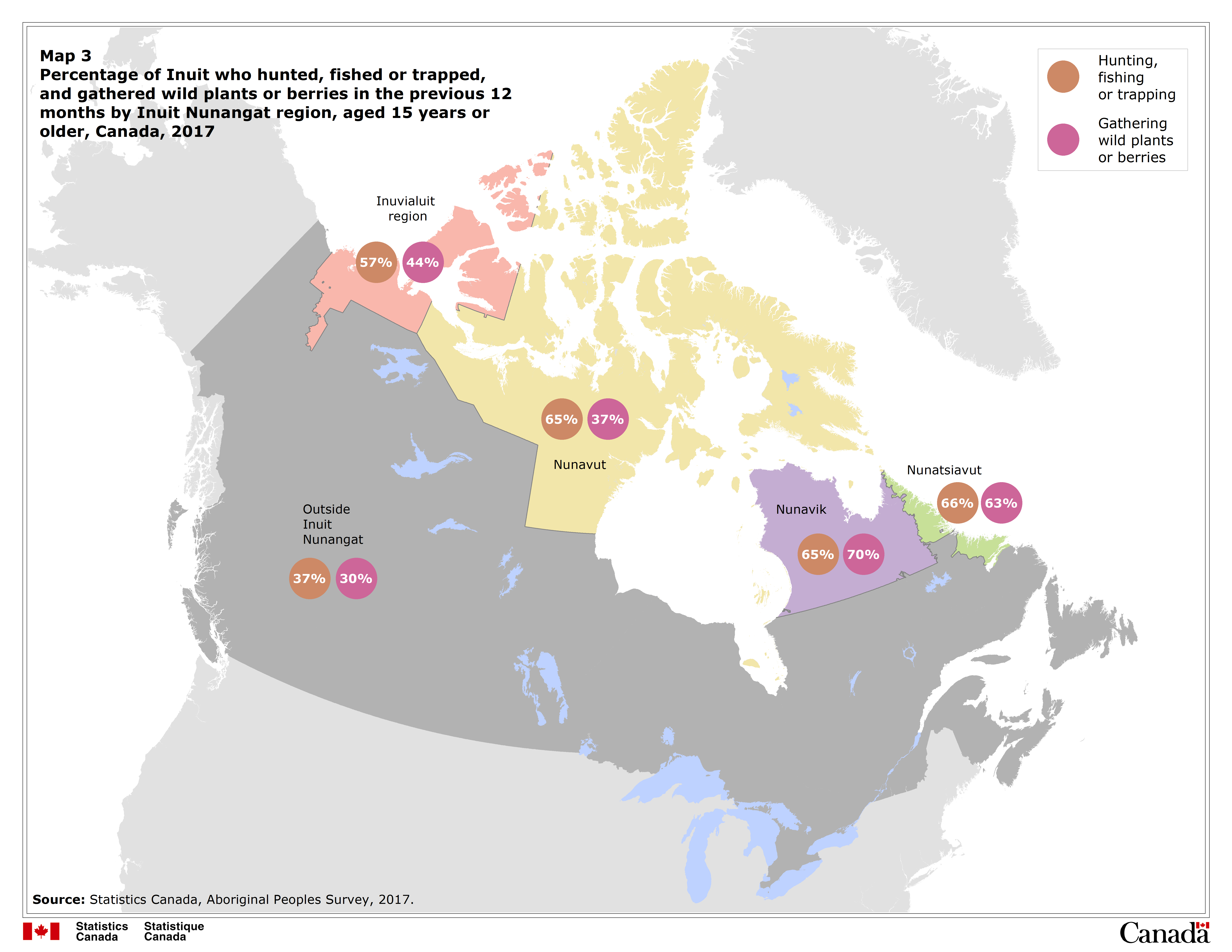 Map 3 Percentage of Inuit who hunted, fished or trapped, and gathered wild plants or berries in the previous 12 months by Inuit Nunangat region, aged 15 years or older, Canada, 2017