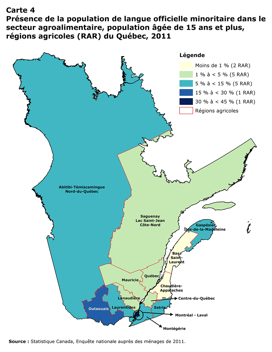 Carte 4 Présence de la population de langue officielle minoritaire dans le secteur agroalimentaire, population âgée de 15 ans et plus, régions agricoles (RAR) du Québec, 2011