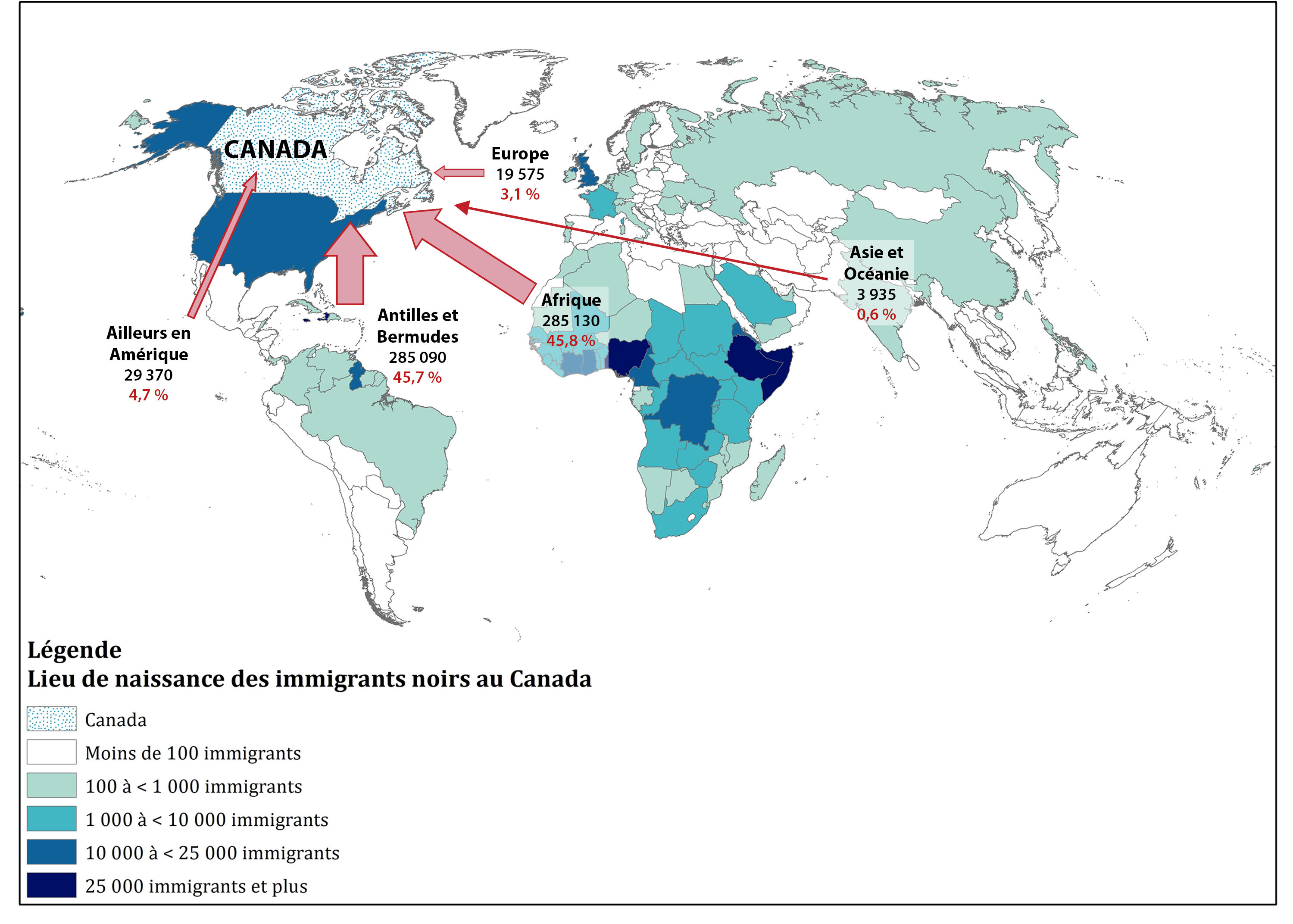Carte pour Plus de 170 lieux de naissance différents pour les immigrants noirs au Canada