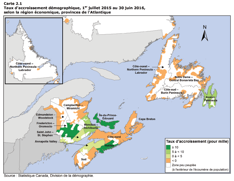 Carte 2.1 : Taux d'accroissement démographique, 1<sup>er</sup> juillet 2015 au 30 juin 2016, selon la région économique, provinces de l’Atlantique