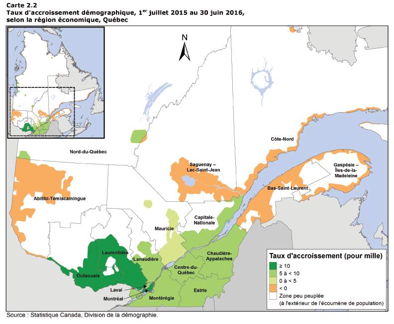 Carte 2.2 : Taux d'accroissement démographique entre le 1<sup>er</sup> juillet 2015 et le 30 juin 2016 selon la région économique, Québec