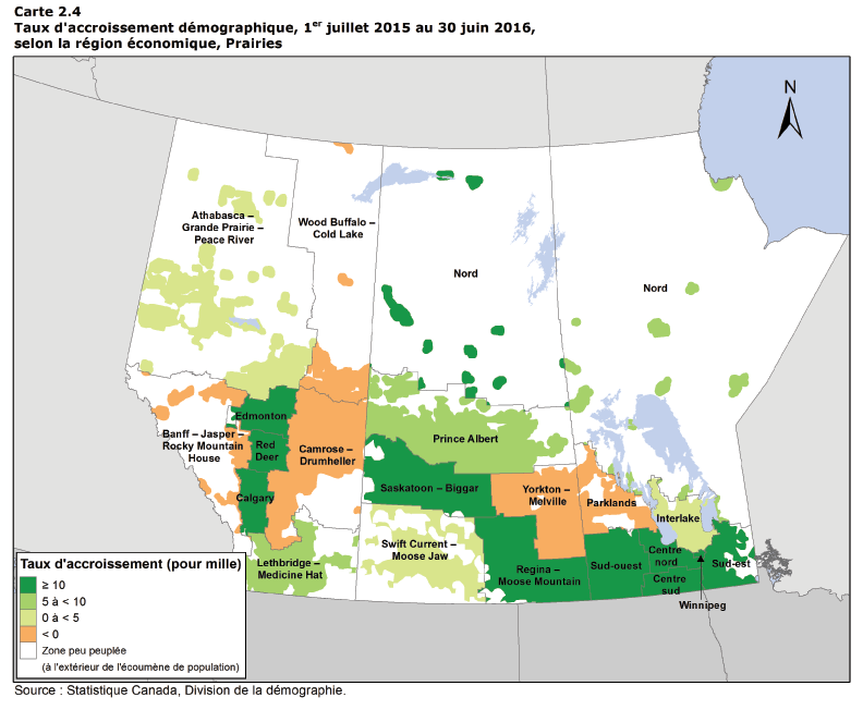 Carte 2.4 : Taux d'accroissement démographique entre le 1<sup>er</sup> juillet 2015 et le 30 juin 2016 selon la région économique, Prairies