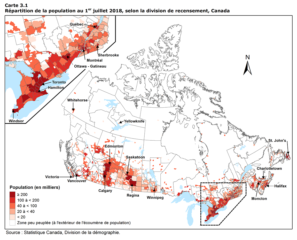 Carte 3.1 Répartition de la population au 1er juillet 2018, selon la division de recensement, Canada