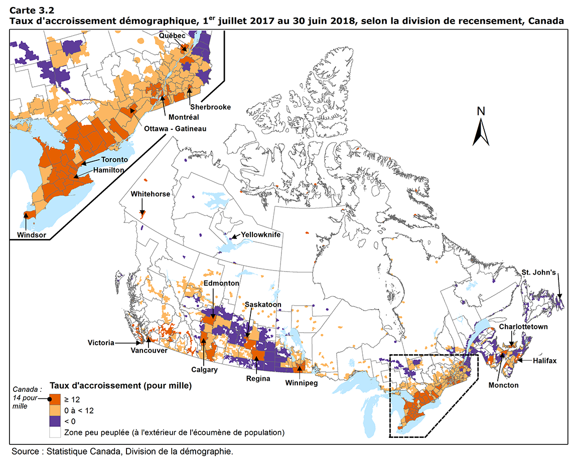 Carte 3.2 Taux d'accroissement démographique, 1er juillet 2017 au 30 juin 2018, selon la division de recensement, Canada
