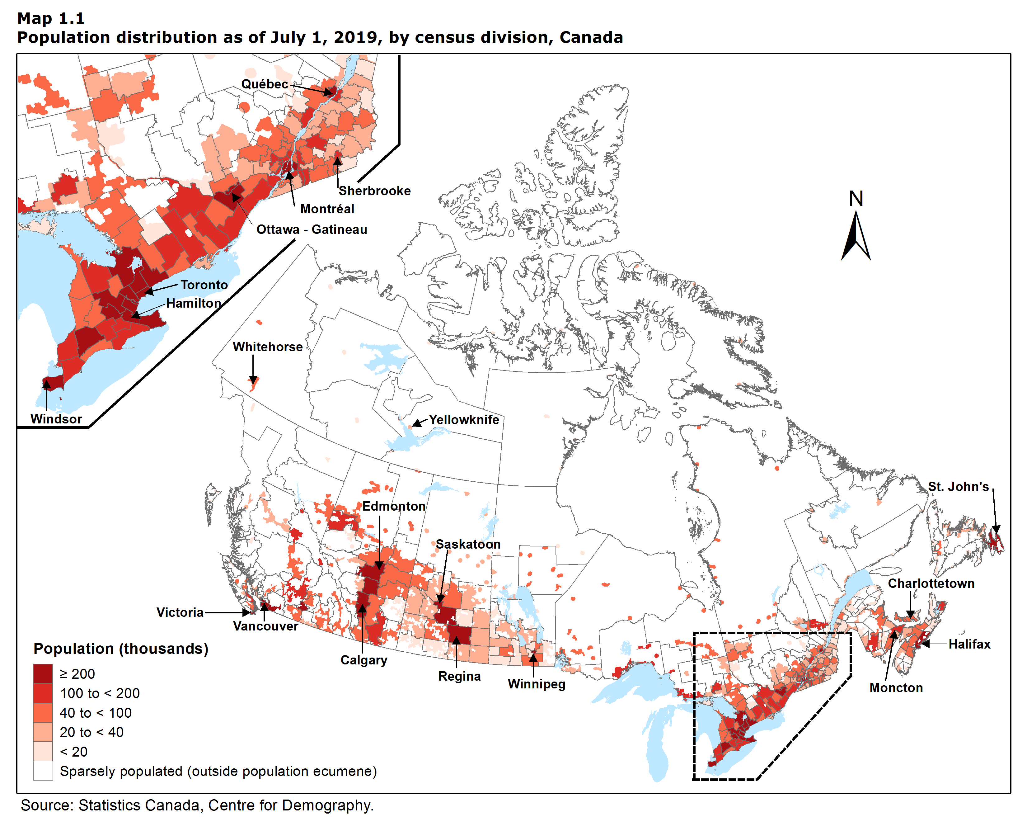Map 1.1 Population distribution as of July 1, 2019, by census division, Canada 