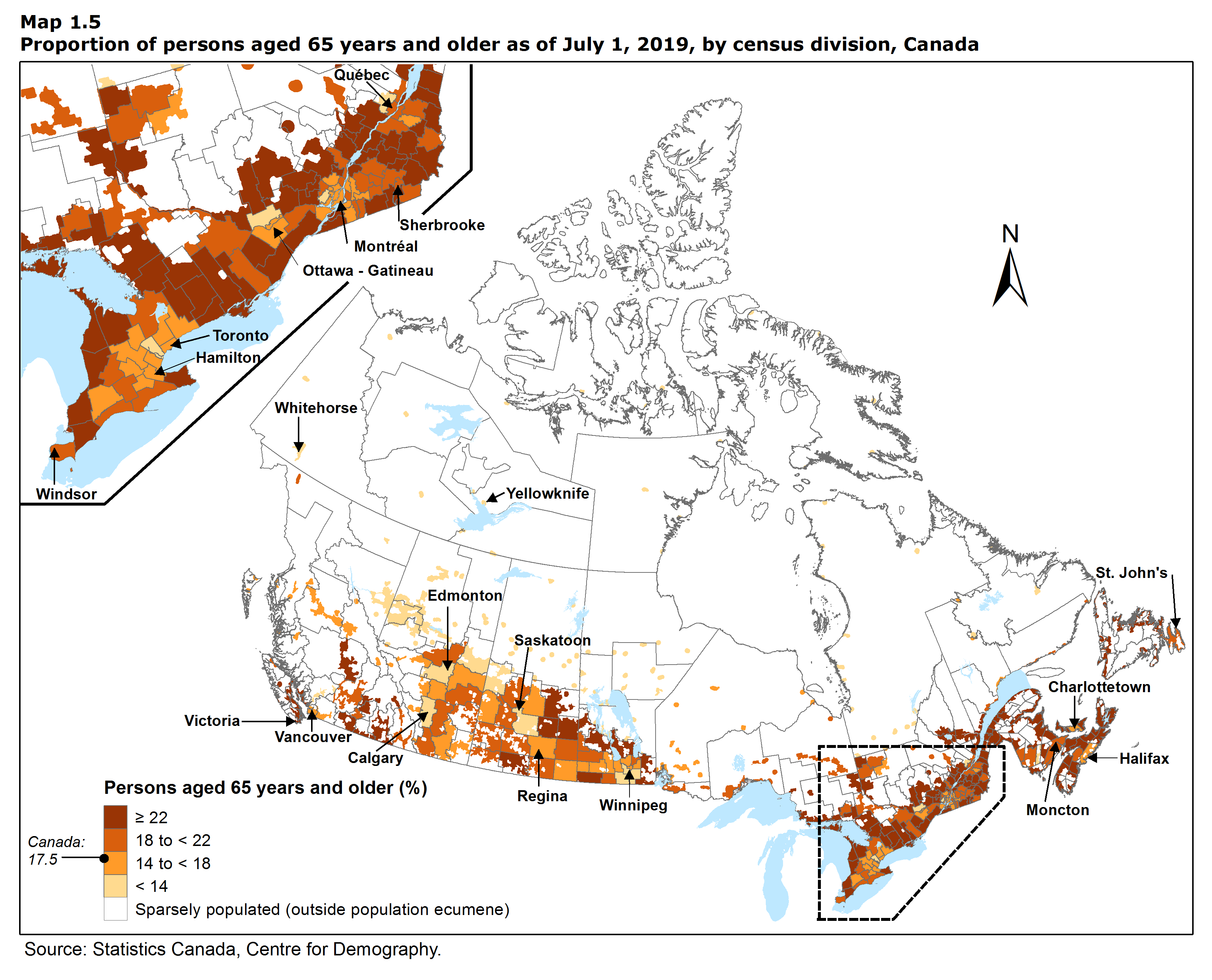 Map 1.5 Proportion of persons aged 65 years and older as of July 1, 2019, by census division, Canada 