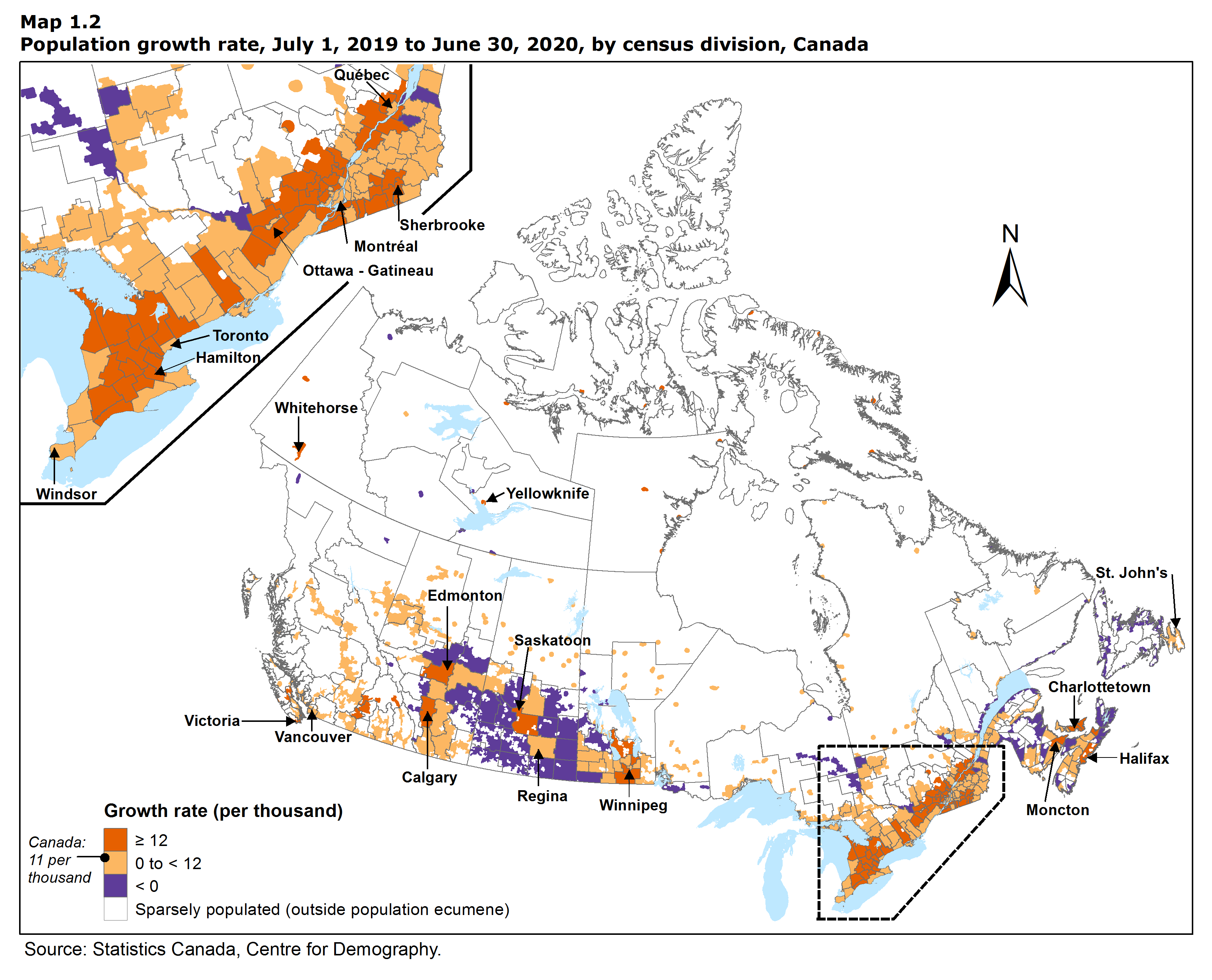 Map 1.2 Population growth rate, July 1, 2019 to June 30, 2020, by census division, Canada