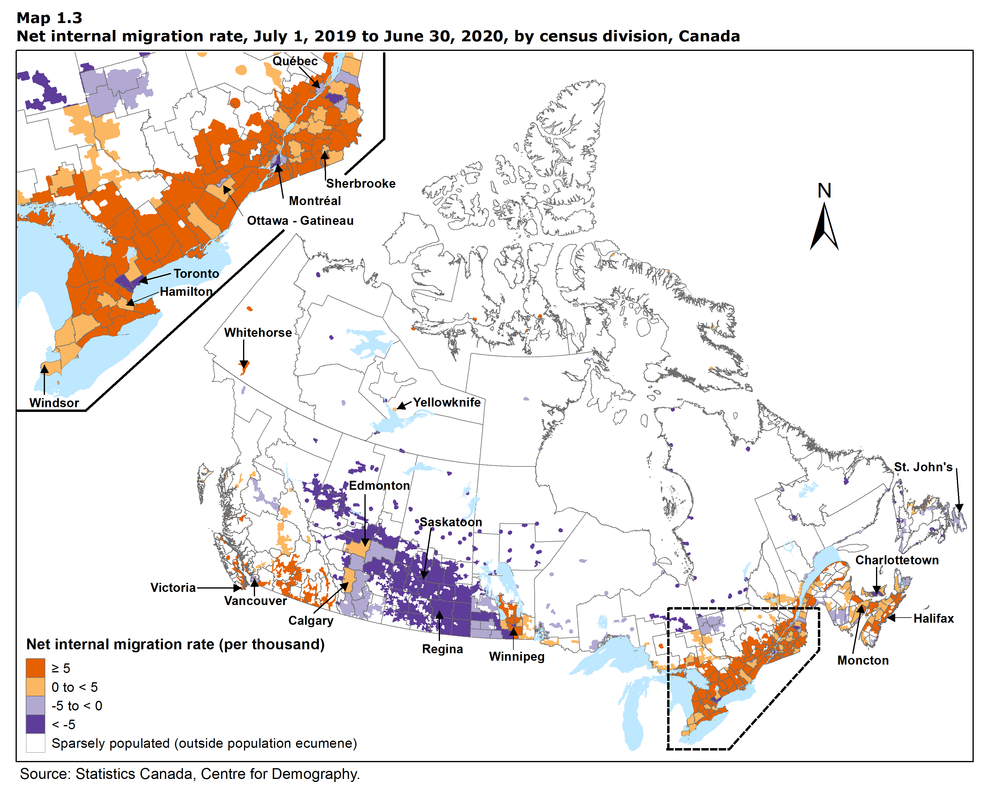 Map 1.3 Net internal migration rates, July 1, 2019 to June 30, 2020 by census division, Canada