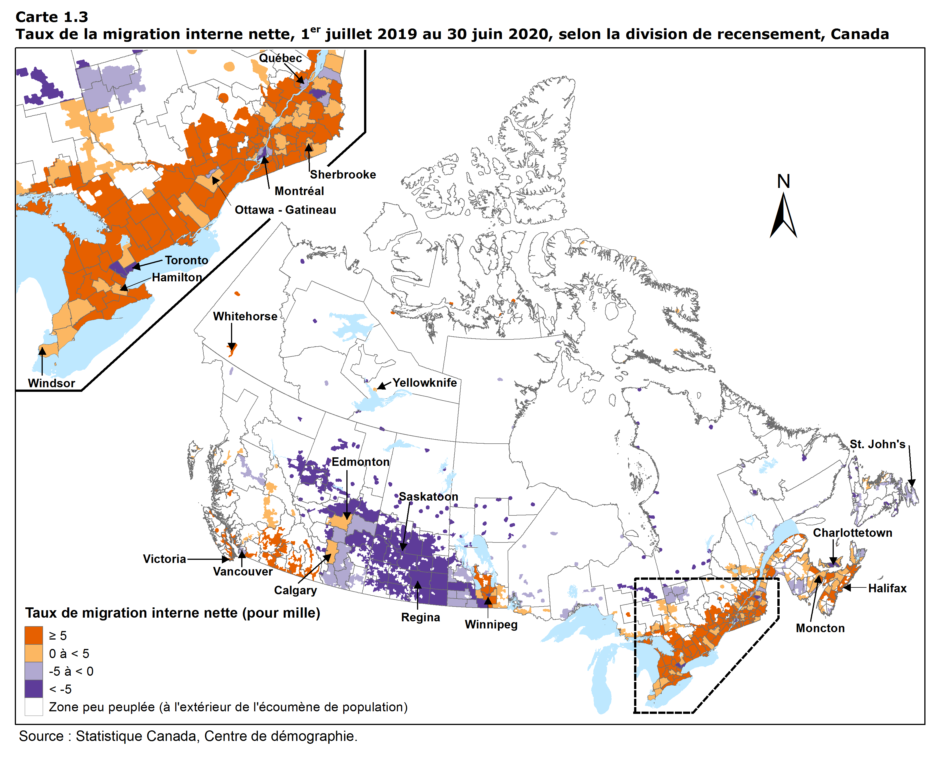 Carte 1.3 Taux de la migration interne nette, 1<sup>er</sup> juillet 2018 au 30 juin 2019, selon la division de recensement, Canada