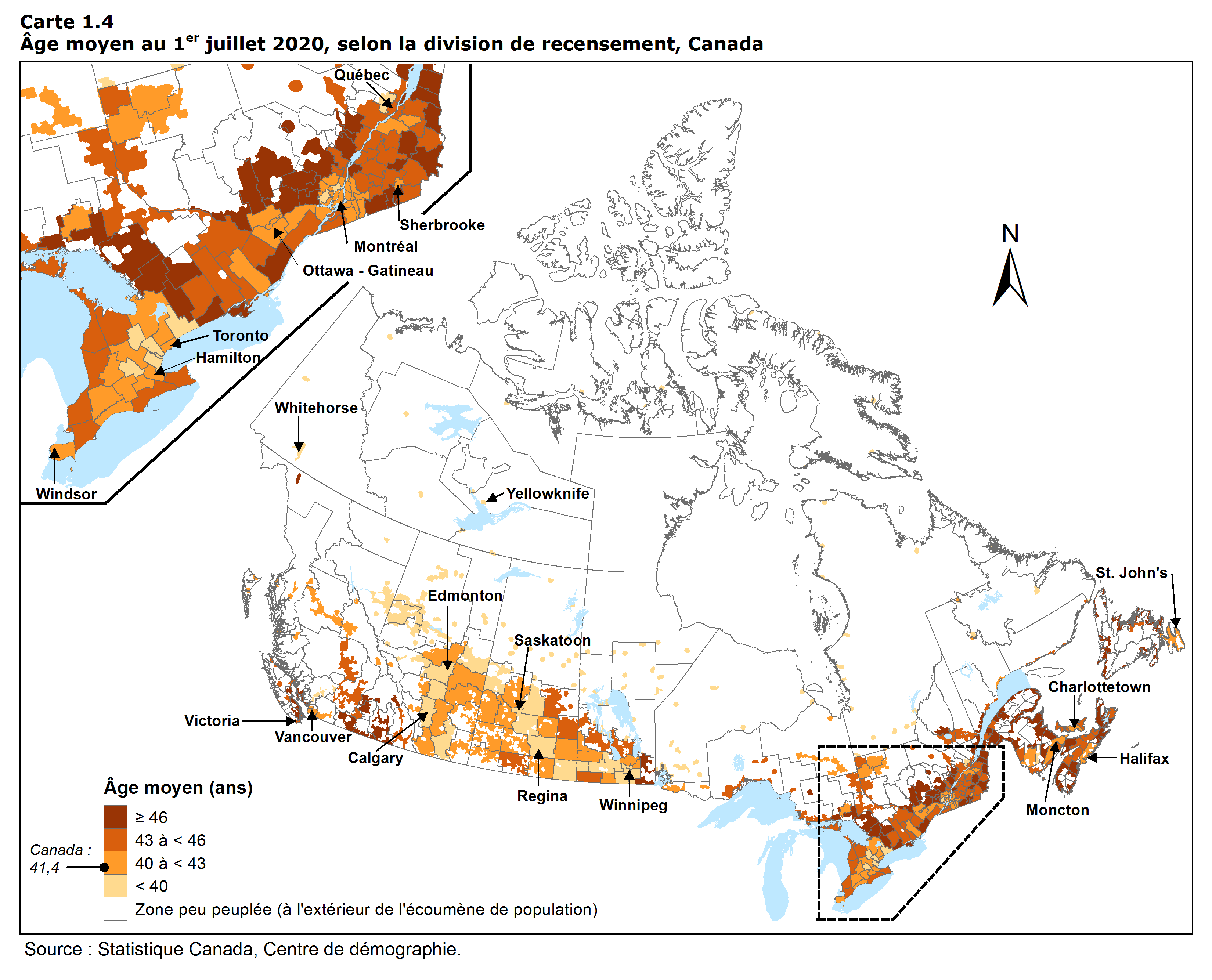 Carte 1.4 Âge moyen au 1<sup>er</sup> juillet 2019, selon la division de recensement, Canada