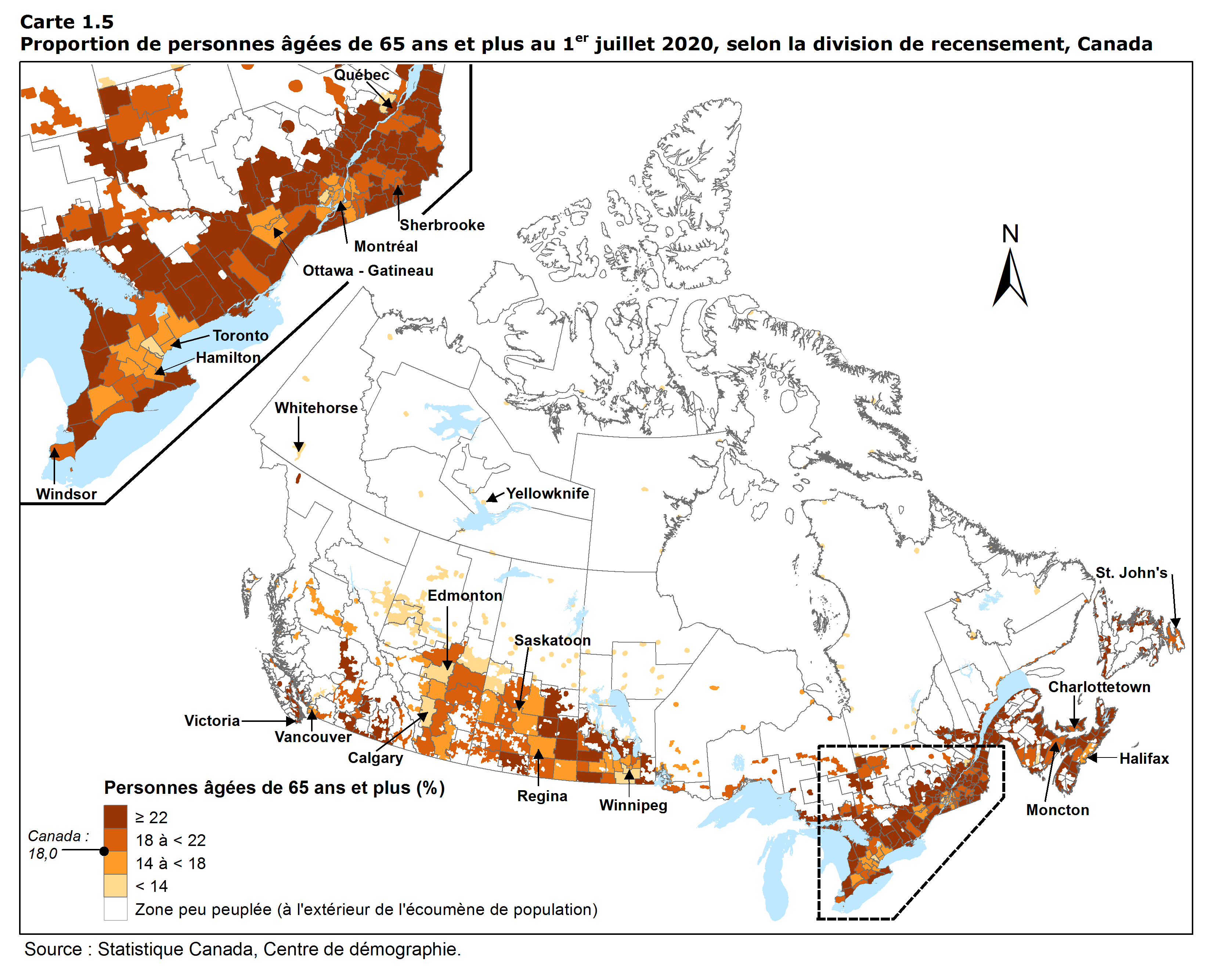 Carte 1.5 Proportion de personnes âgées de 65 ans et plus au 1<sup>er</sup> juillet 2019, selon la division de recensement, Canada