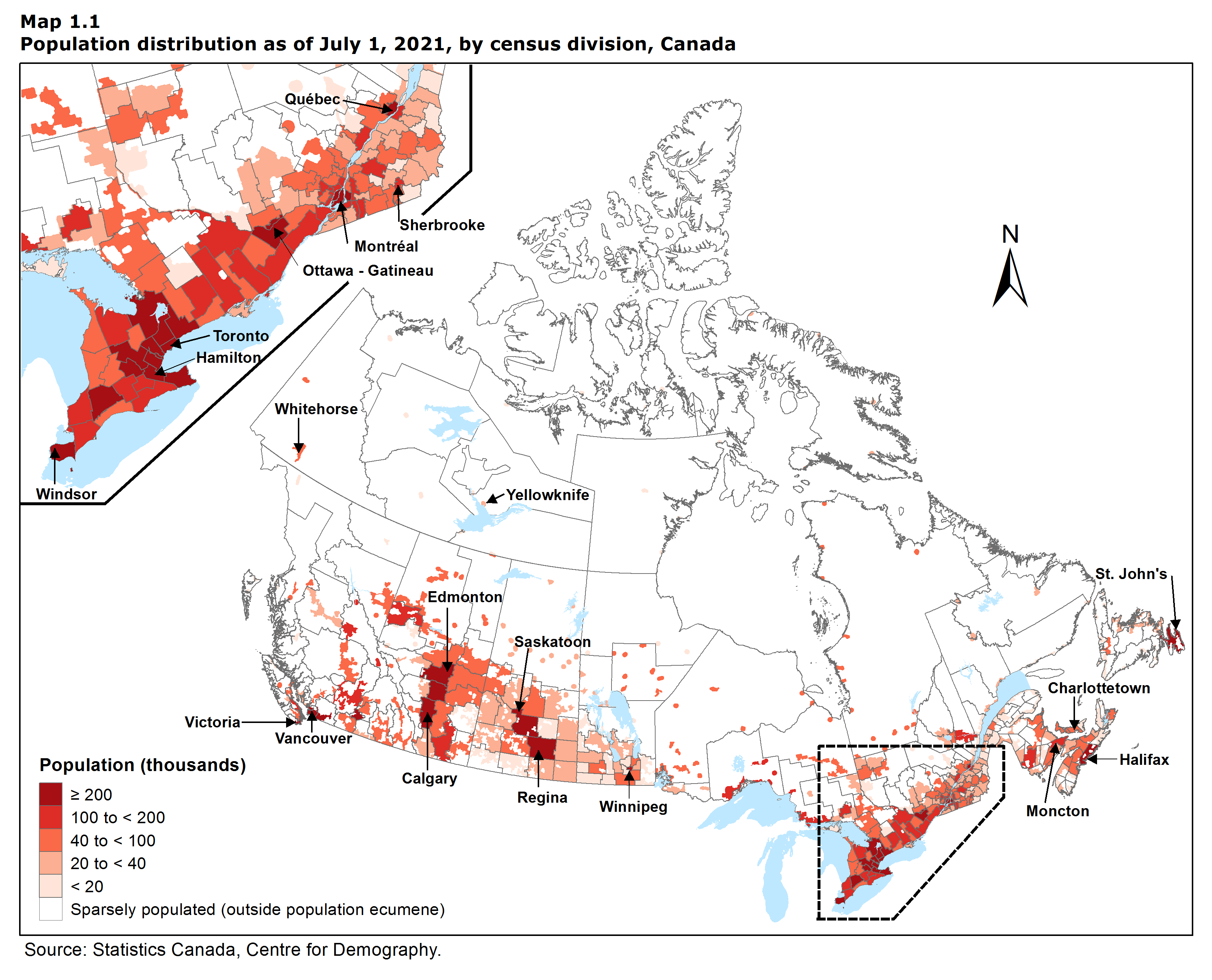 Map 1.1 Population distribution as of July 1, 2021, by census division, Canada