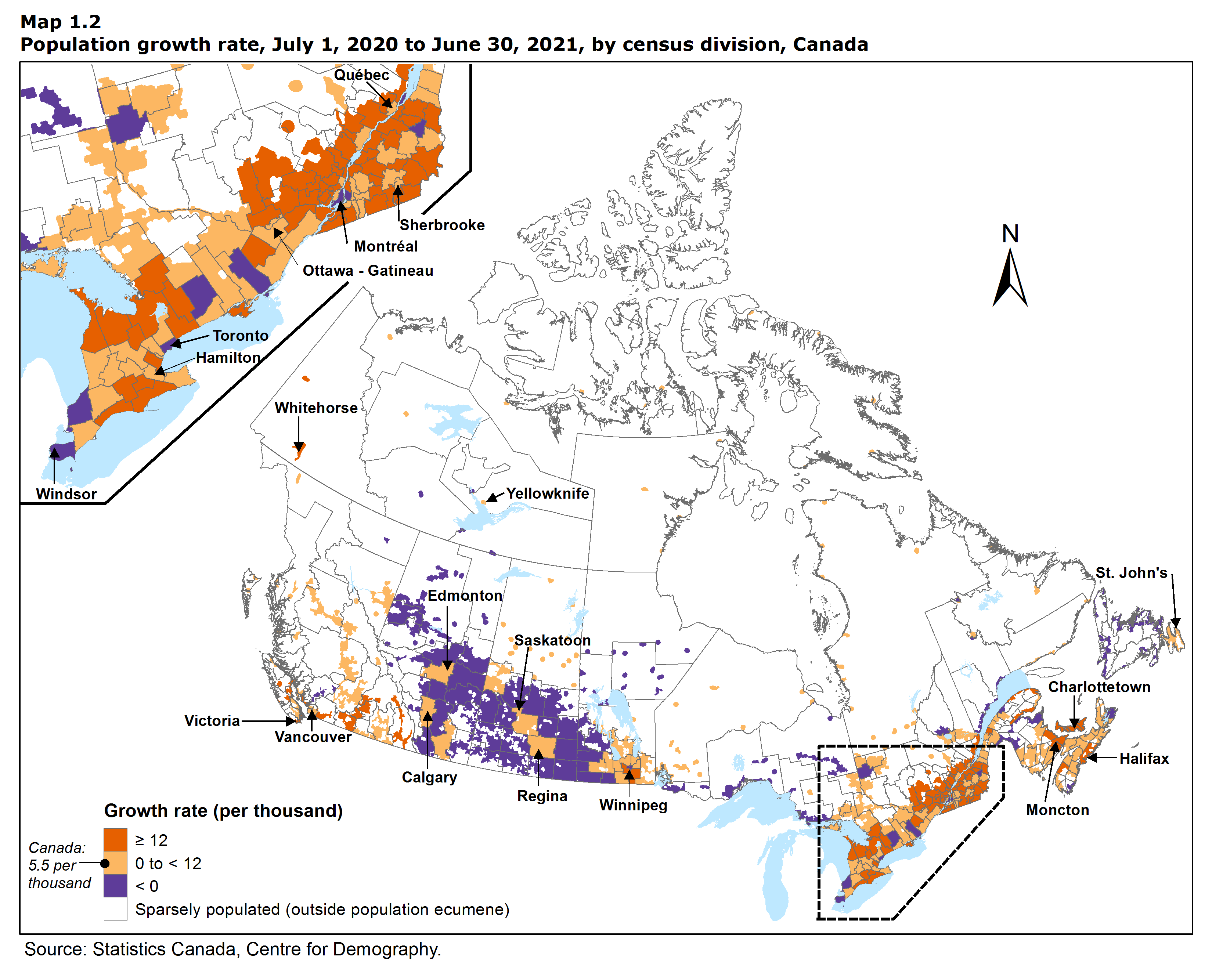 Map 1.2 Population growth rate, July 1, 2020 to June 30, 2021, by census division, Canada