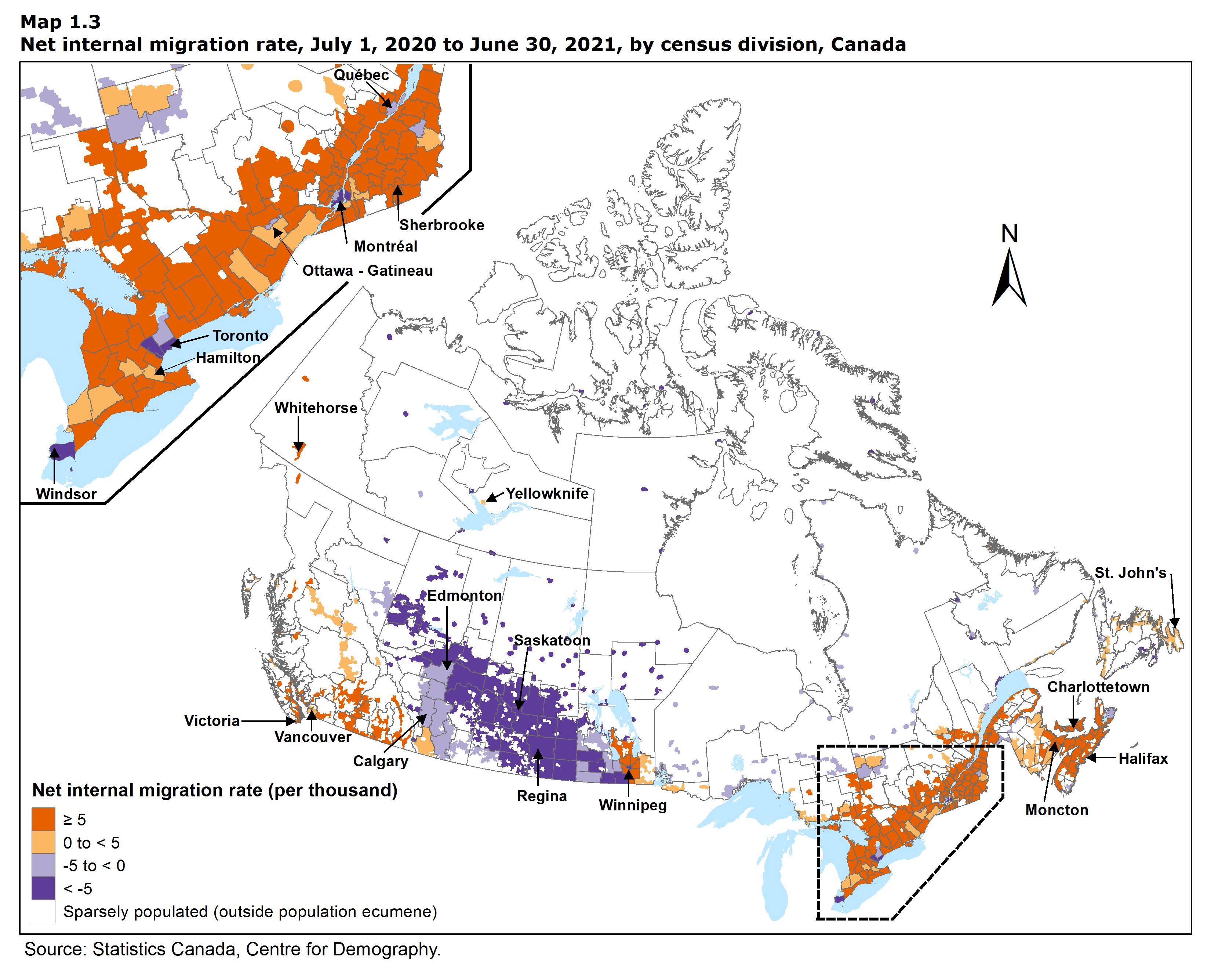 Map 1.3 Net internal migration rates, July 1, 2020 to June 30, 2021 by census division, Canada