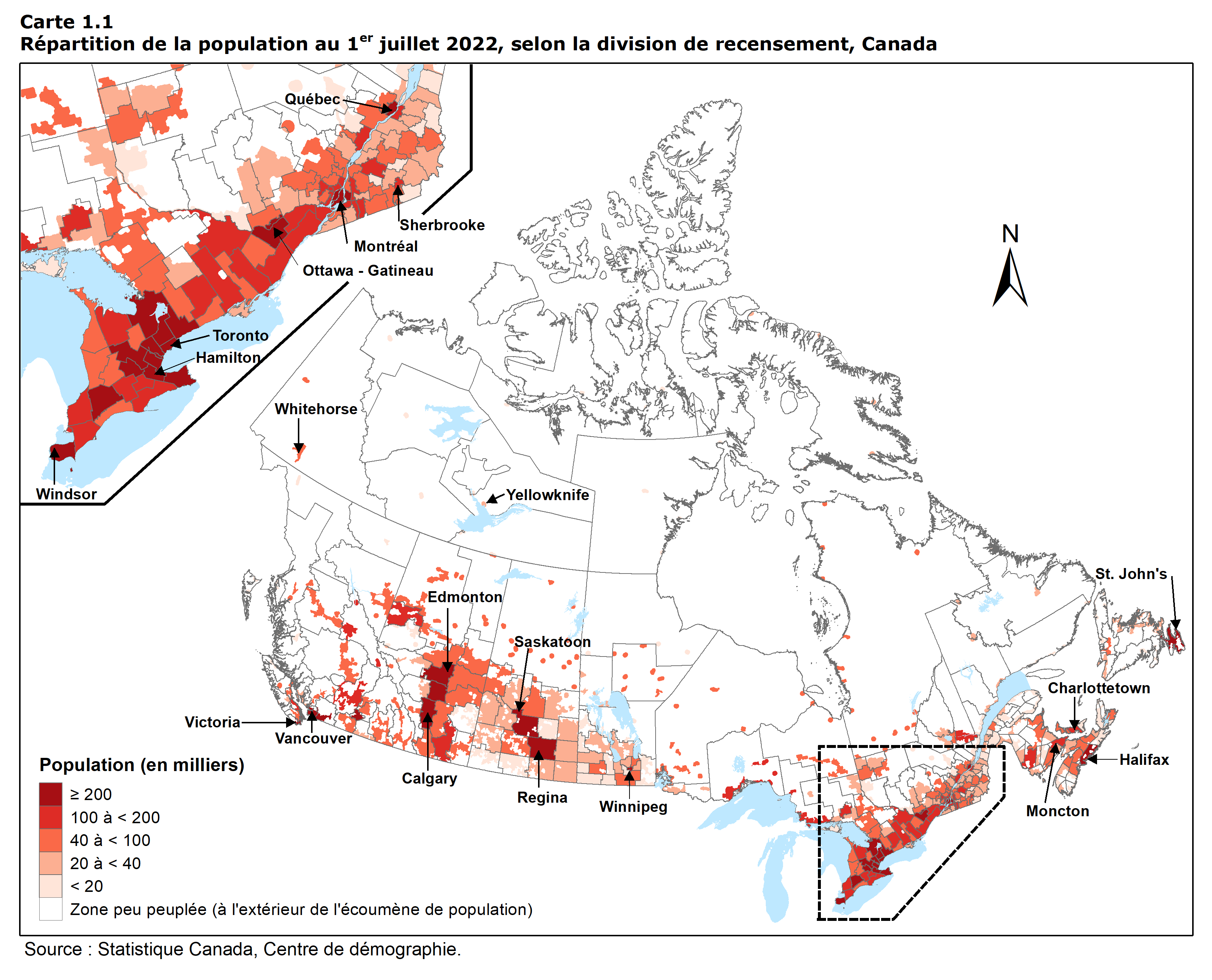 Carte 1.1 Répartition de la population au 1 er juillet 2022, selon la division de recensement, Canada