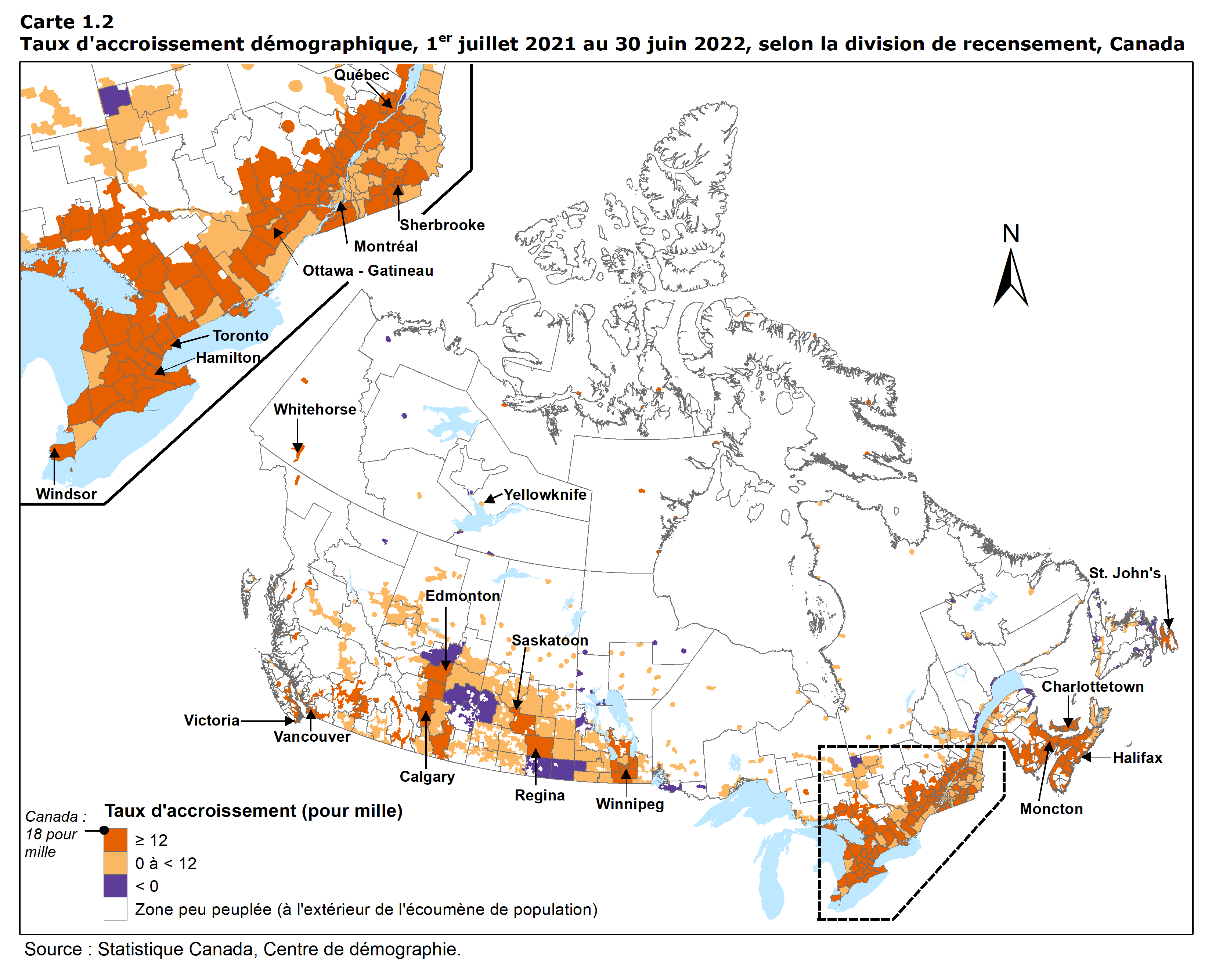 Carte 1.2 Taux d'accroissement démographique, 1 er juillet 2020 au 30 juin 2022, selon la division de recensement, Canada