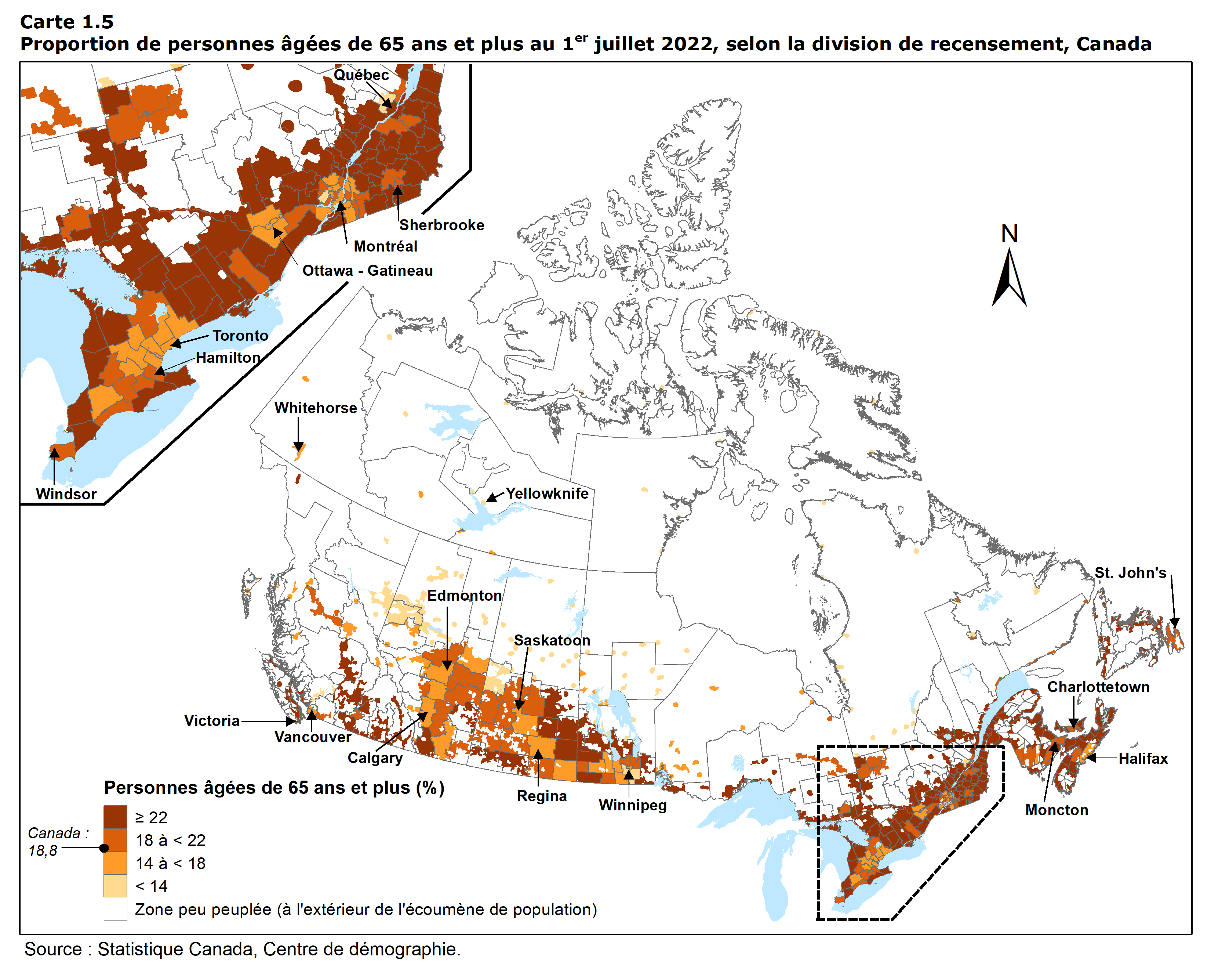 Carte 1.5 Proportion de personnes âgées de 65 ans et plus au 1 er juillet 2022, selon la division de recensement, Canada
