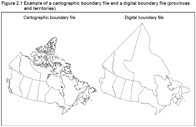 Figure 2.1 Example of a cartographic boundary file and a digital boundary file (provinces and territories)