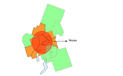 Exemple de subdivisions de recensement ajoutées à une région métropolitaine de recensement ou une agglomération de recensement selon la règle du noyau de délimitation