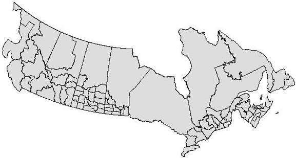 Carte montrant toutes les régions agricoles de recensement au Canada