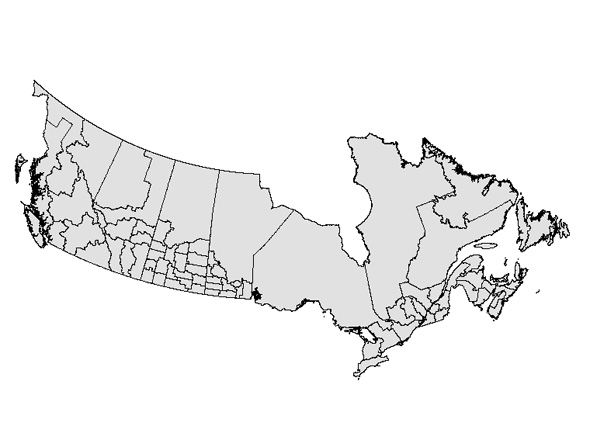 Carte montrant toutes les régions agricoles de recensement au Canada